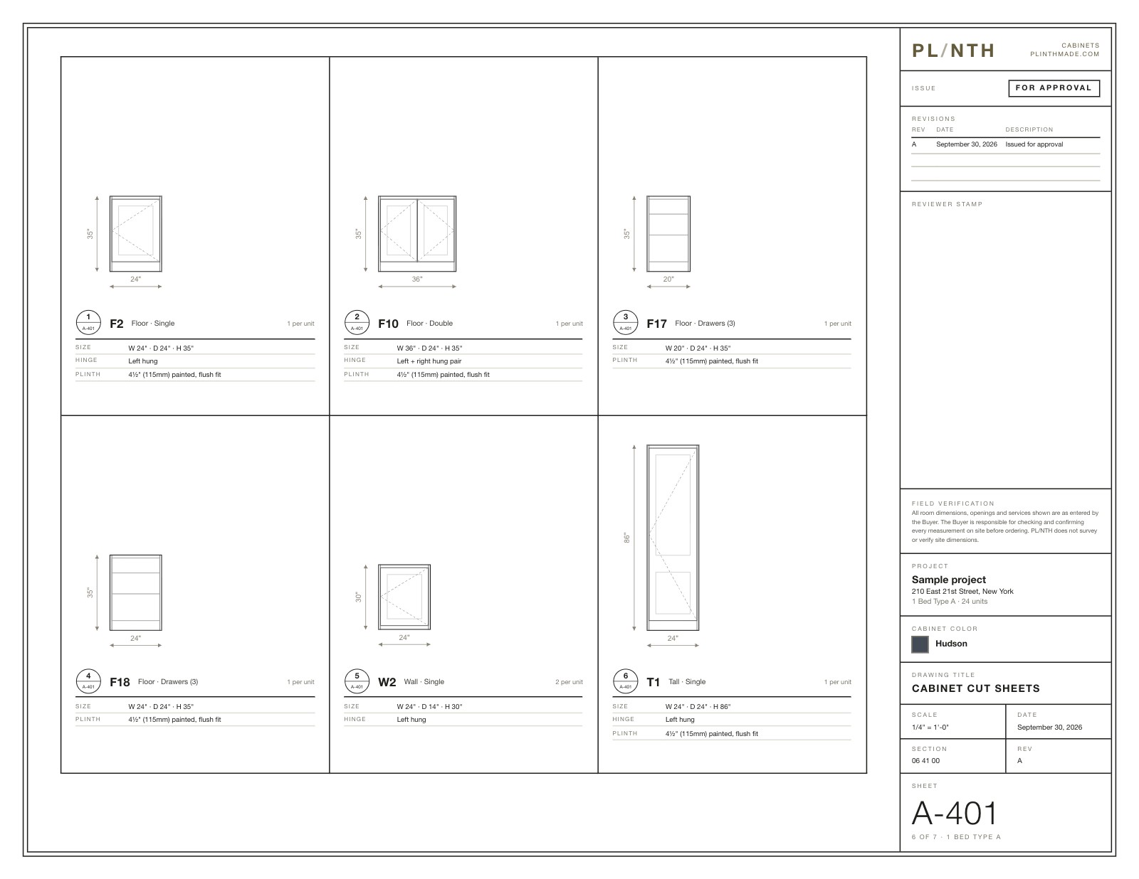 Cabinet cut sheets, sample project