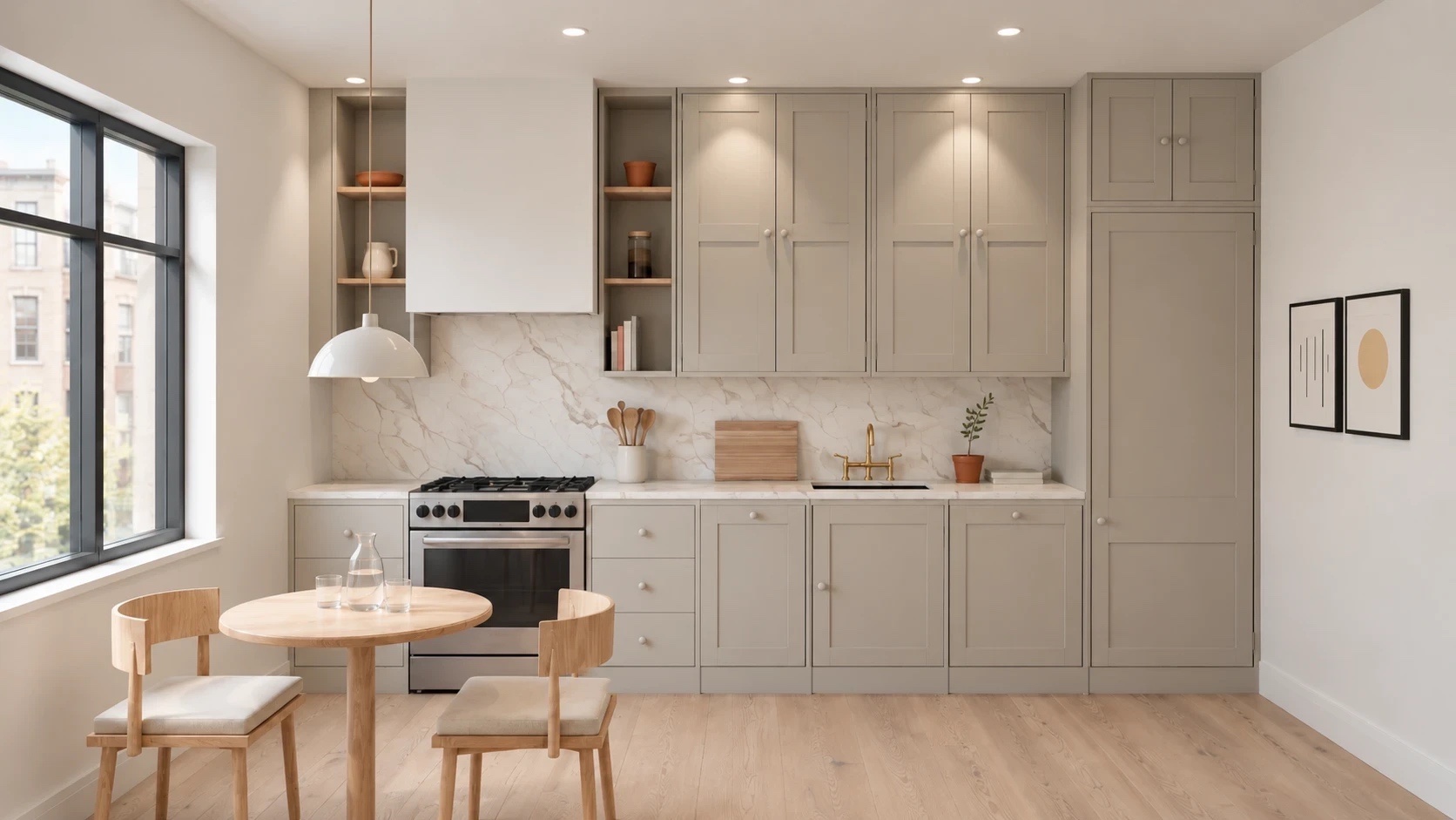 One-bedroom kitchen in Dough: one wall with a range, sink, tall housing and open shelves either side of the hood