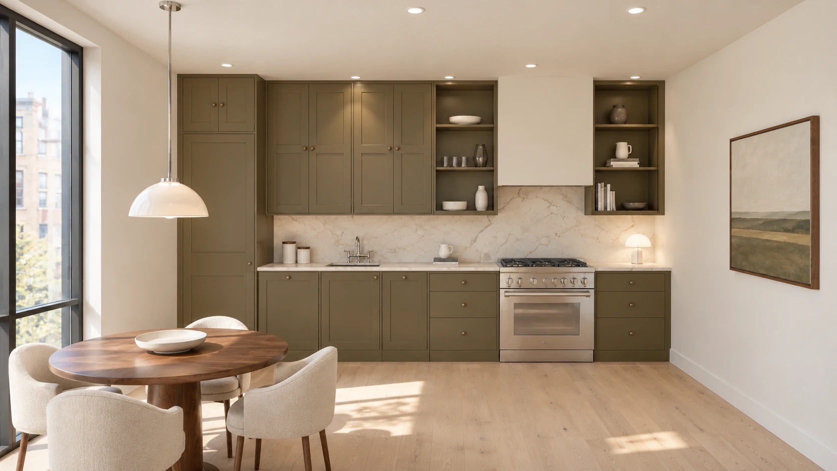 Two-bedroom kitchen in Swamp: a tall housing, wall cabinets to the ceiling and a 36 inch range