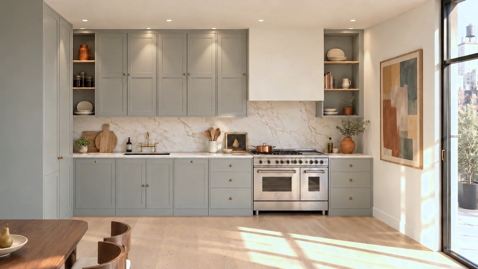 Three-bedroom kitchen in Spoon: a long run with a double range, tall housings and open shelves